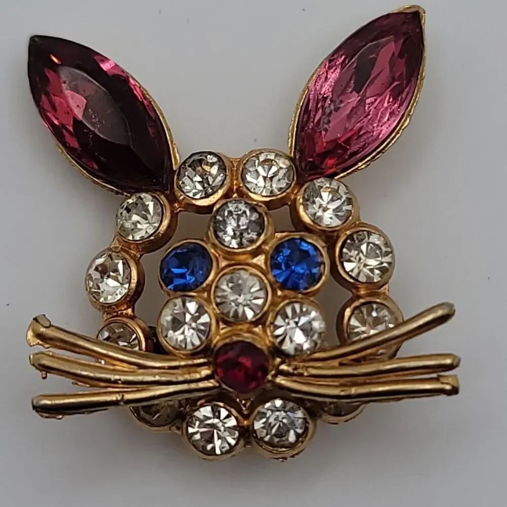 Vintage Gold-tone Multi-colored Rhinestone Bunny Brooch